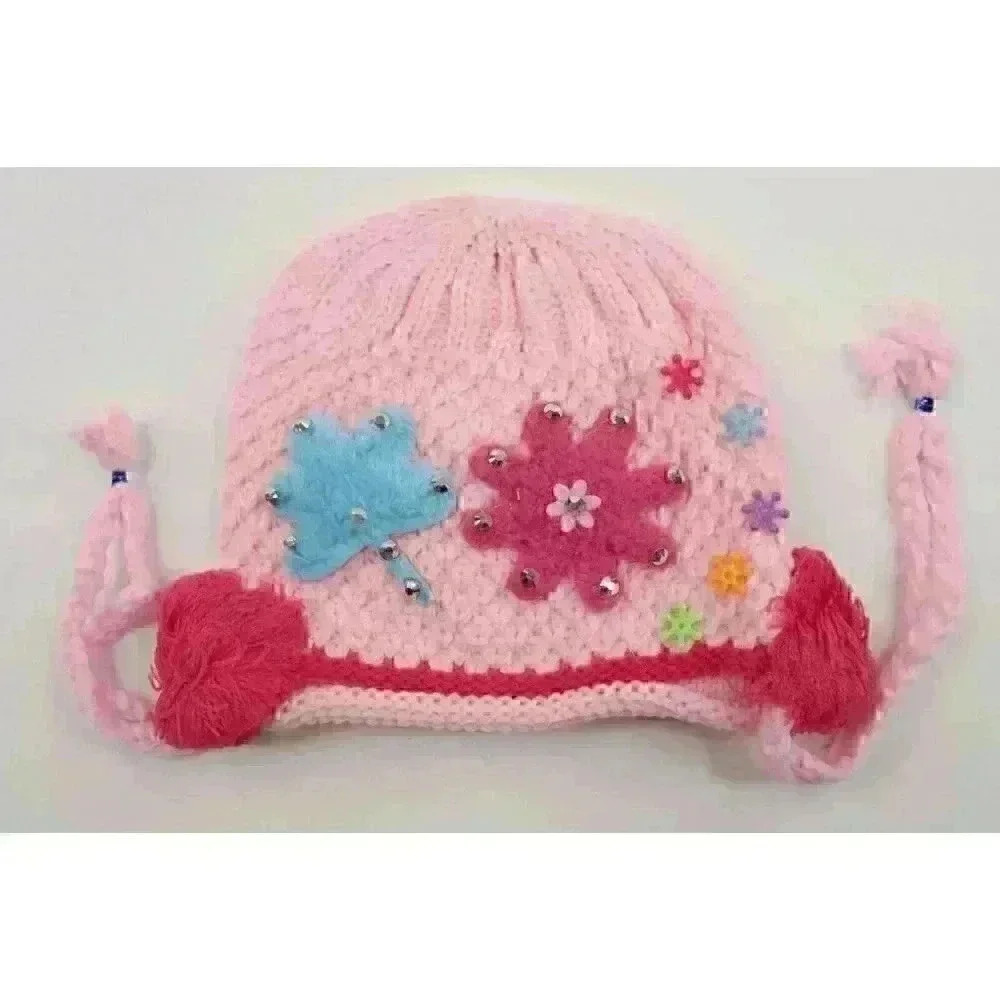 HAND knitted girl hat with knitted applique with beads for 4-6 year old. NEW. - Picture 6 of 8
